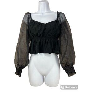 Women‎ Whimsigoth Y2K Babydoll Top S Black Puff Sheer Sleeve Milkmaid Fairy Goth